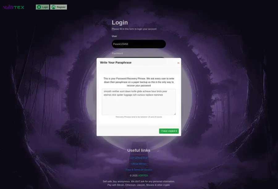 Monero wallet recovery phrase backup for Vortex Market 2026
